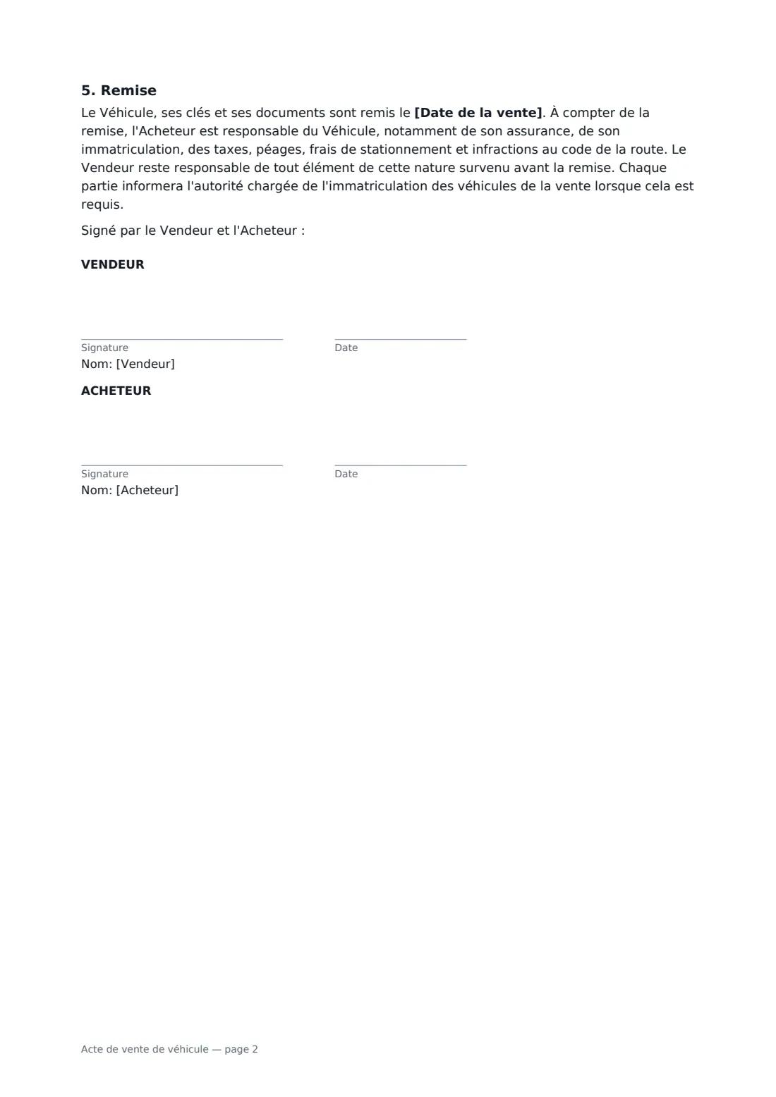 Acte de vente de véhicule — page 2 sur 2