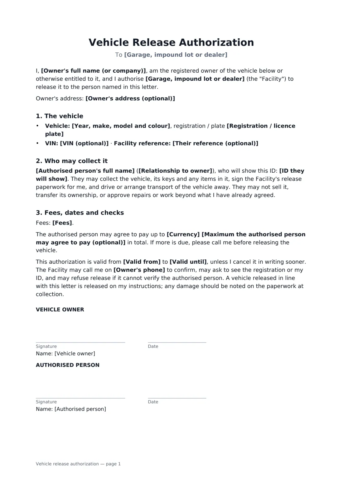Vehicle release authorization — page 1 of 1