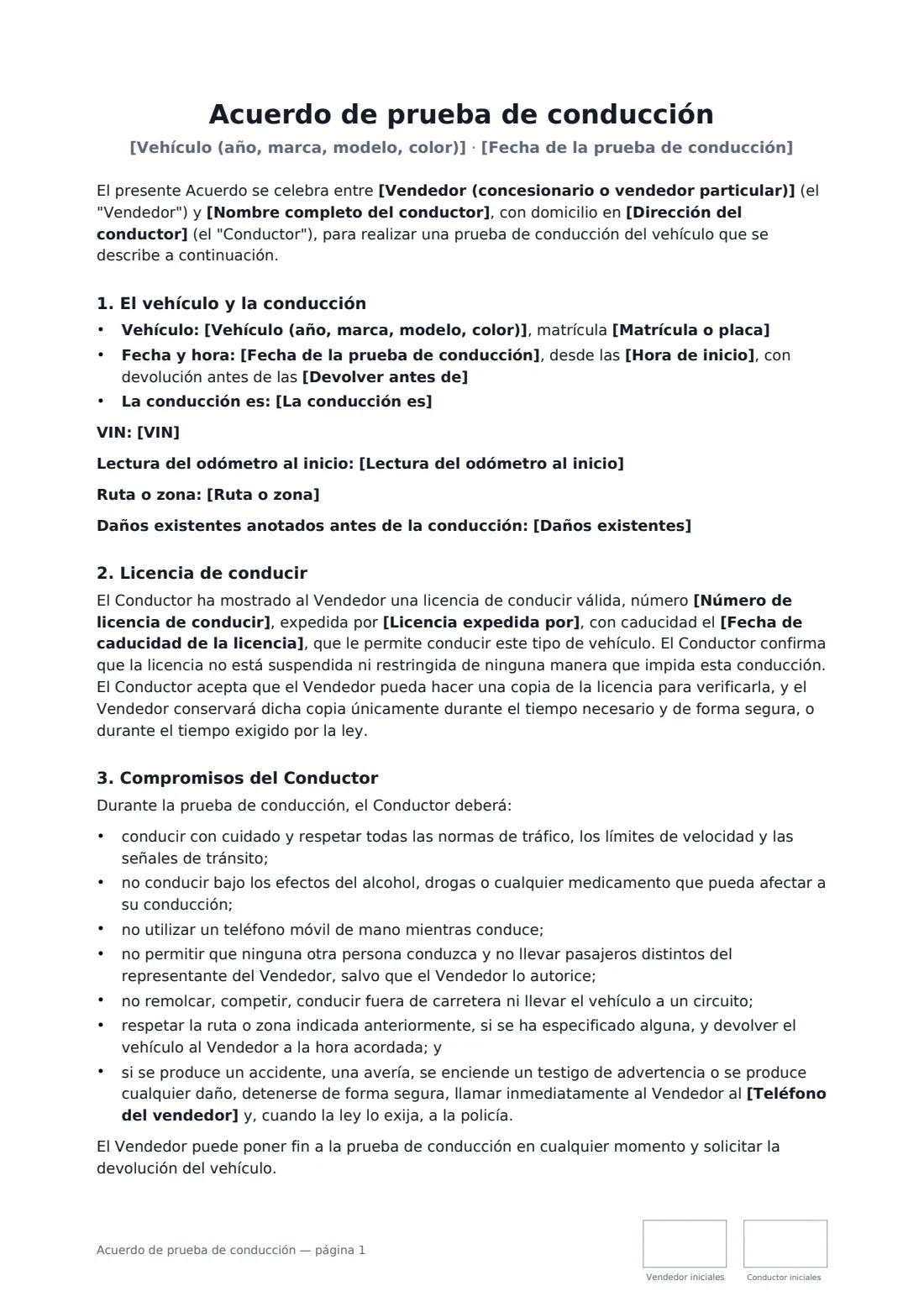 Acuerdo de prueba de conducción: página 1 de 2