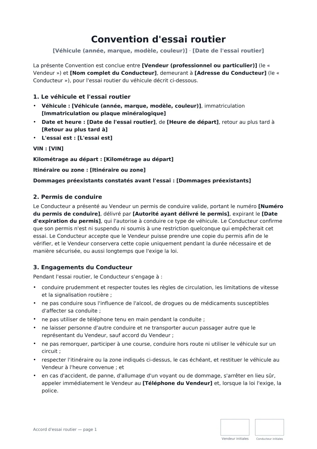 Accord d'essai routier — page 1 sur 3