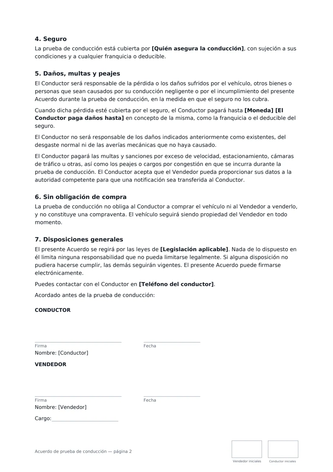 Acuerdo de prueba de conducción: página 2 de 2