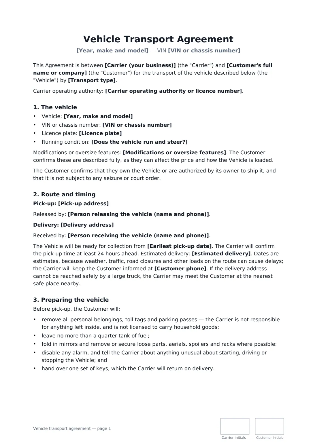 Vehicle transport agreement — page 1 of 3
