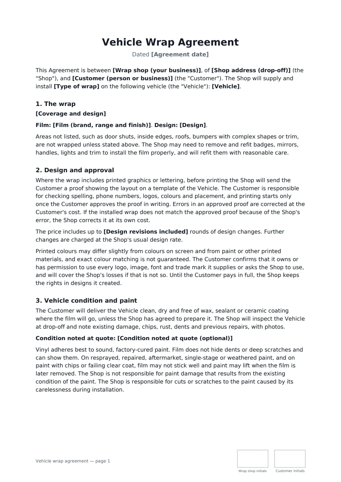 Vehicle wrap agreement — page 1 of 3