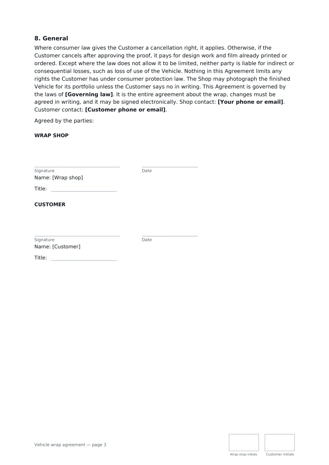 Vehicle wrap agreement — page 3 of 3