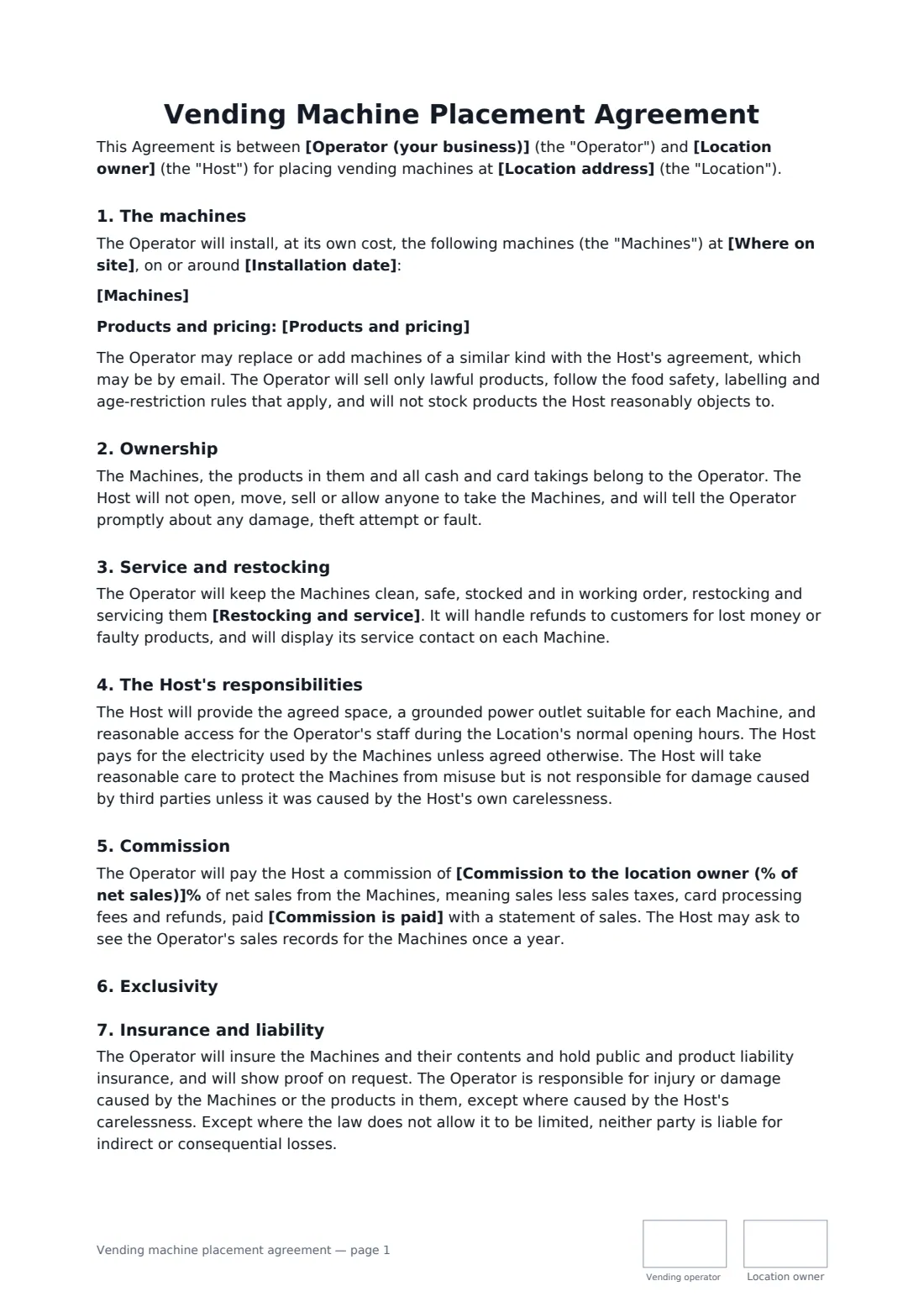 Vending machine placement agreement — page 1 of 2