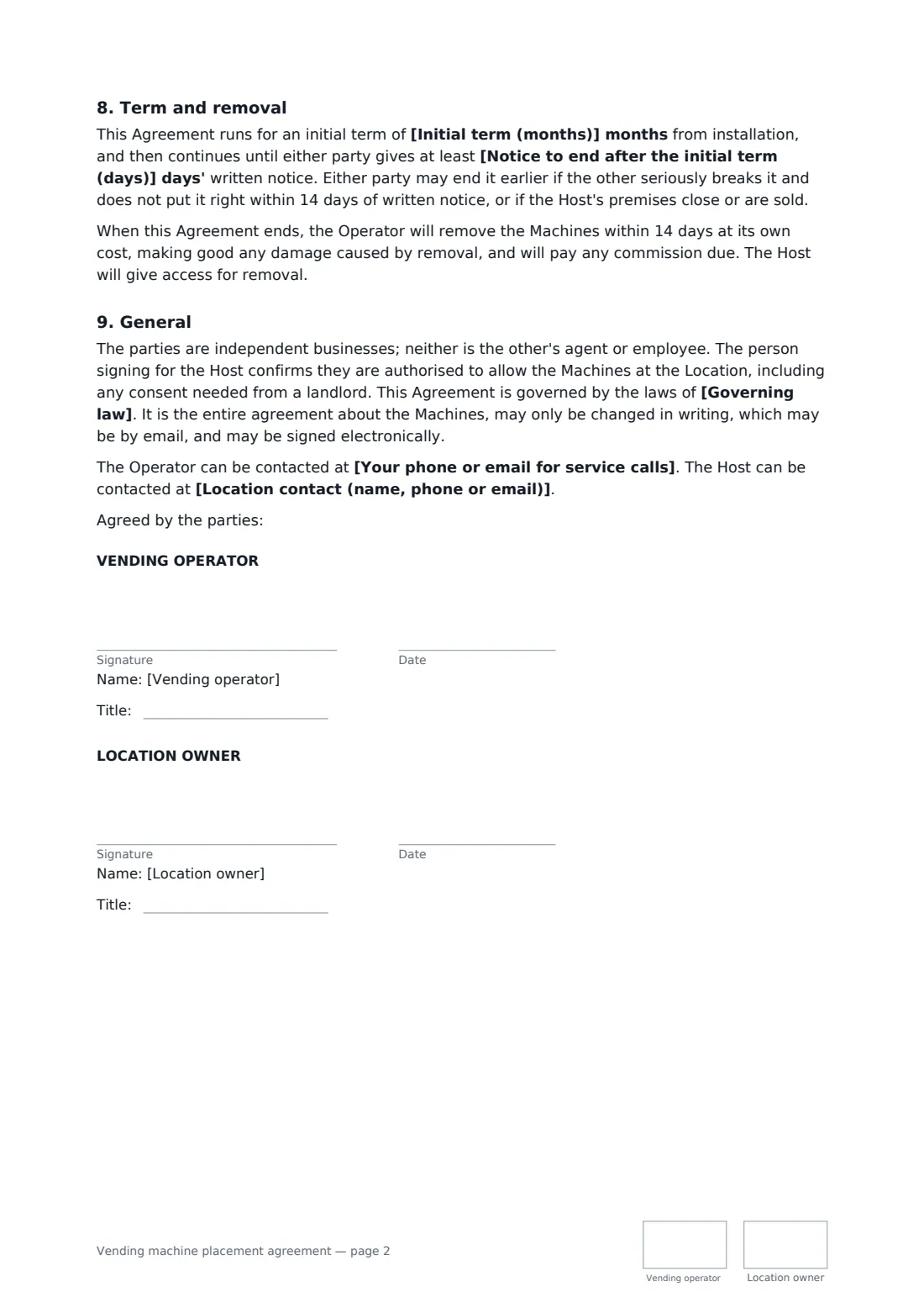 Vending machine placement agreement — page 2 of 2