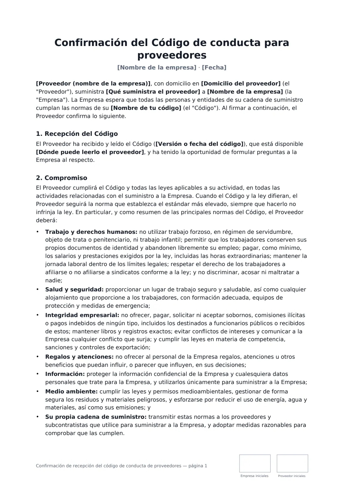 Confirmación de recepción del código de conducta de proveedores: página 1 de 3