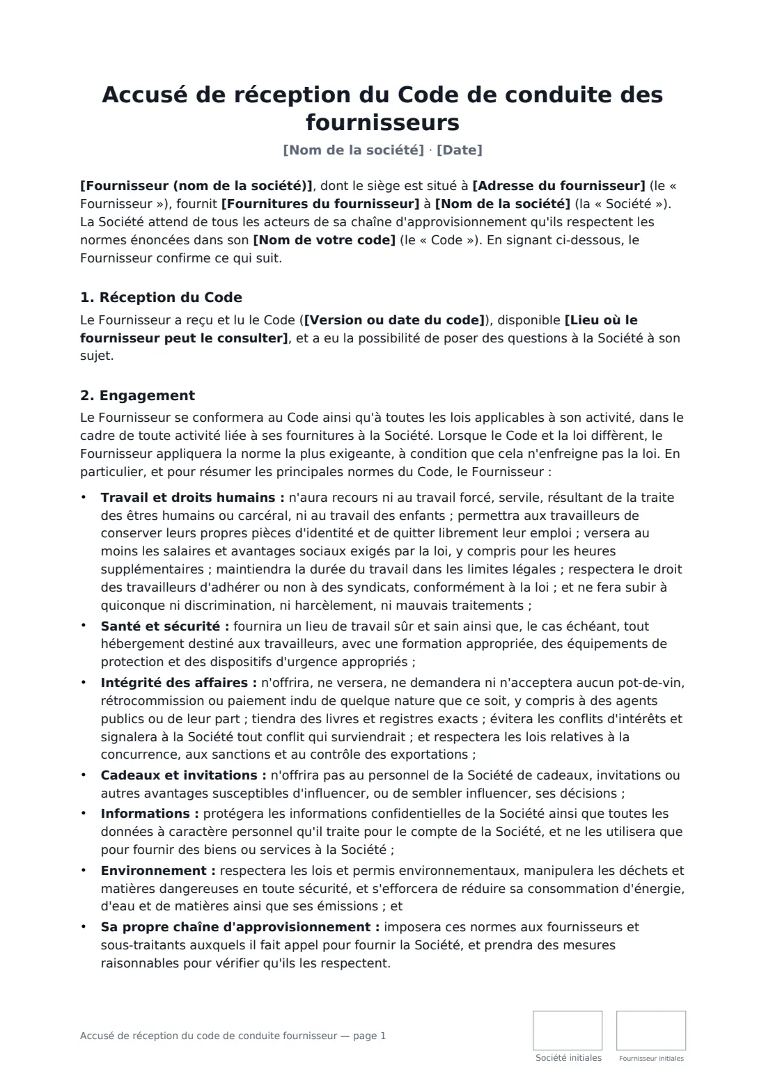 Accusé de réception du code de conduite fournisseur — page 1 sur 3
