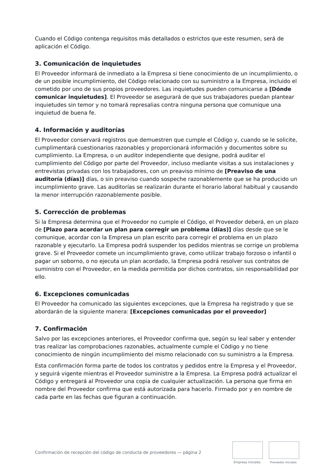 Confirmación de recepción del código de conducta de proveedores: página 2 de 3