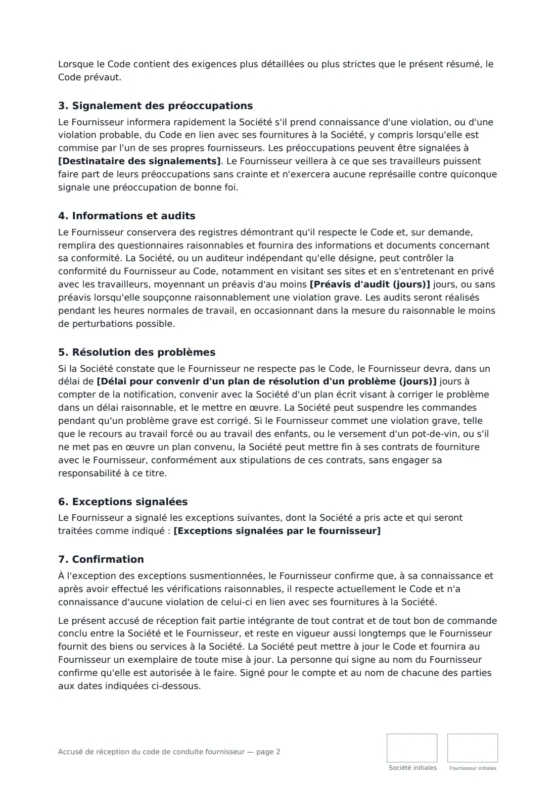 Accusé de réception du code de conduite fournisseur — page 2 sur 3