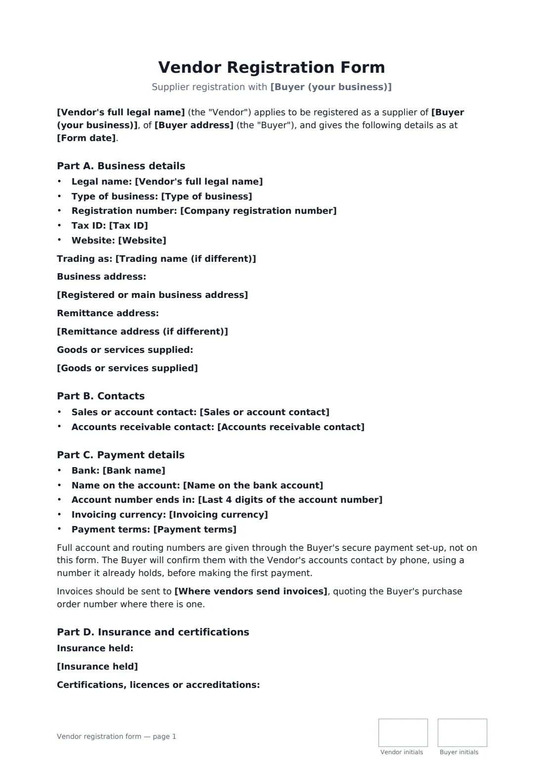 Vendor registration form — page 1 of 2