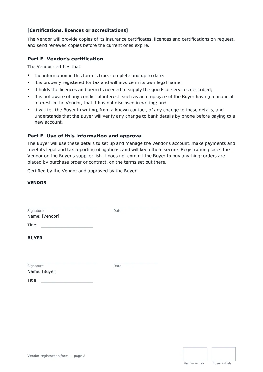 Vendor registration form — page 2 of 2
