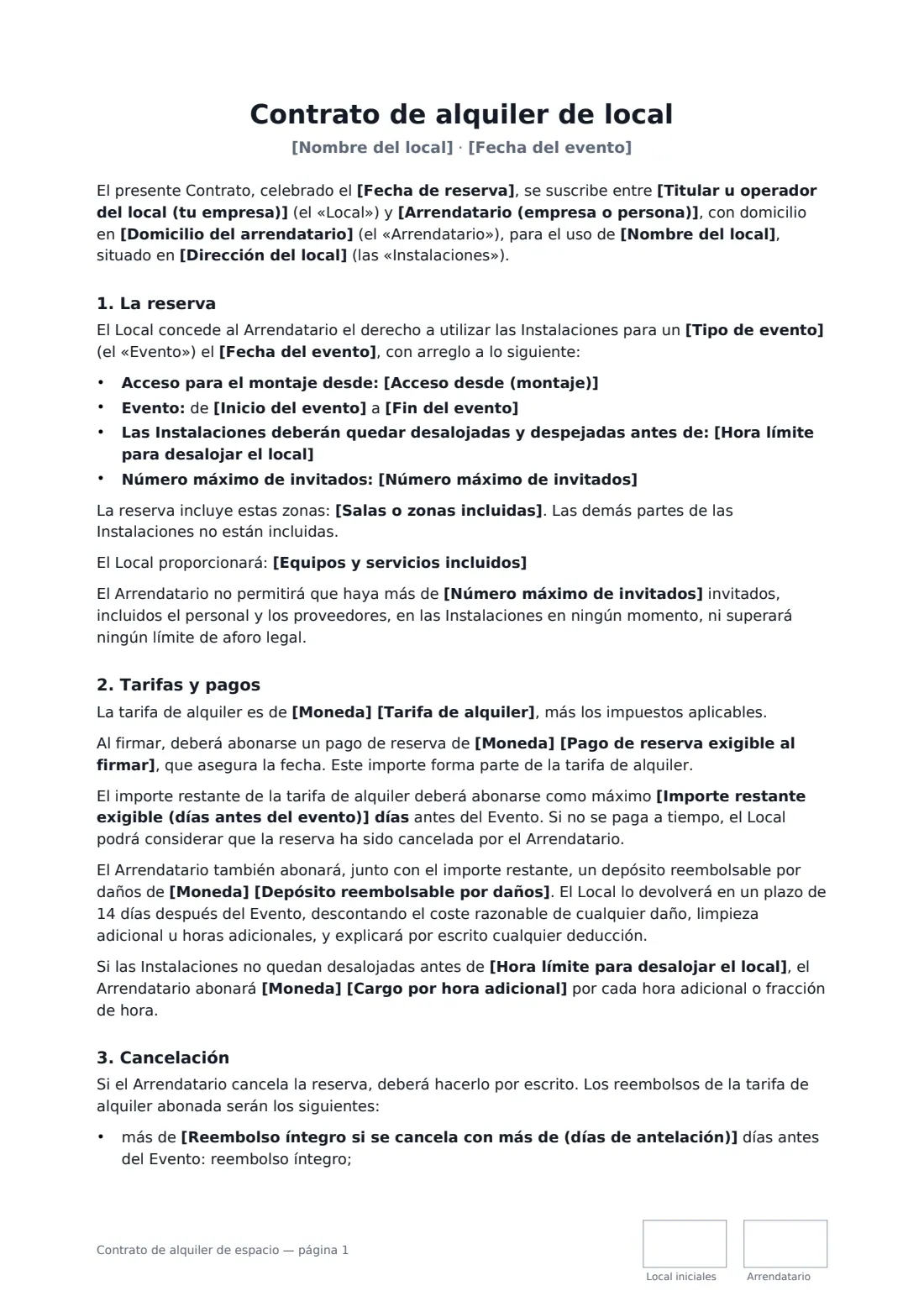 Contrato de alquiler de espacio: página 1 de 3