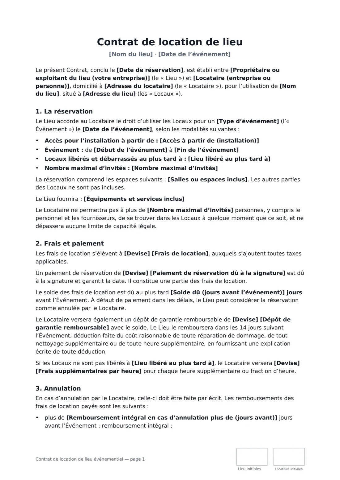 Contrat de location de lieu événementiel — page 1 sur 3