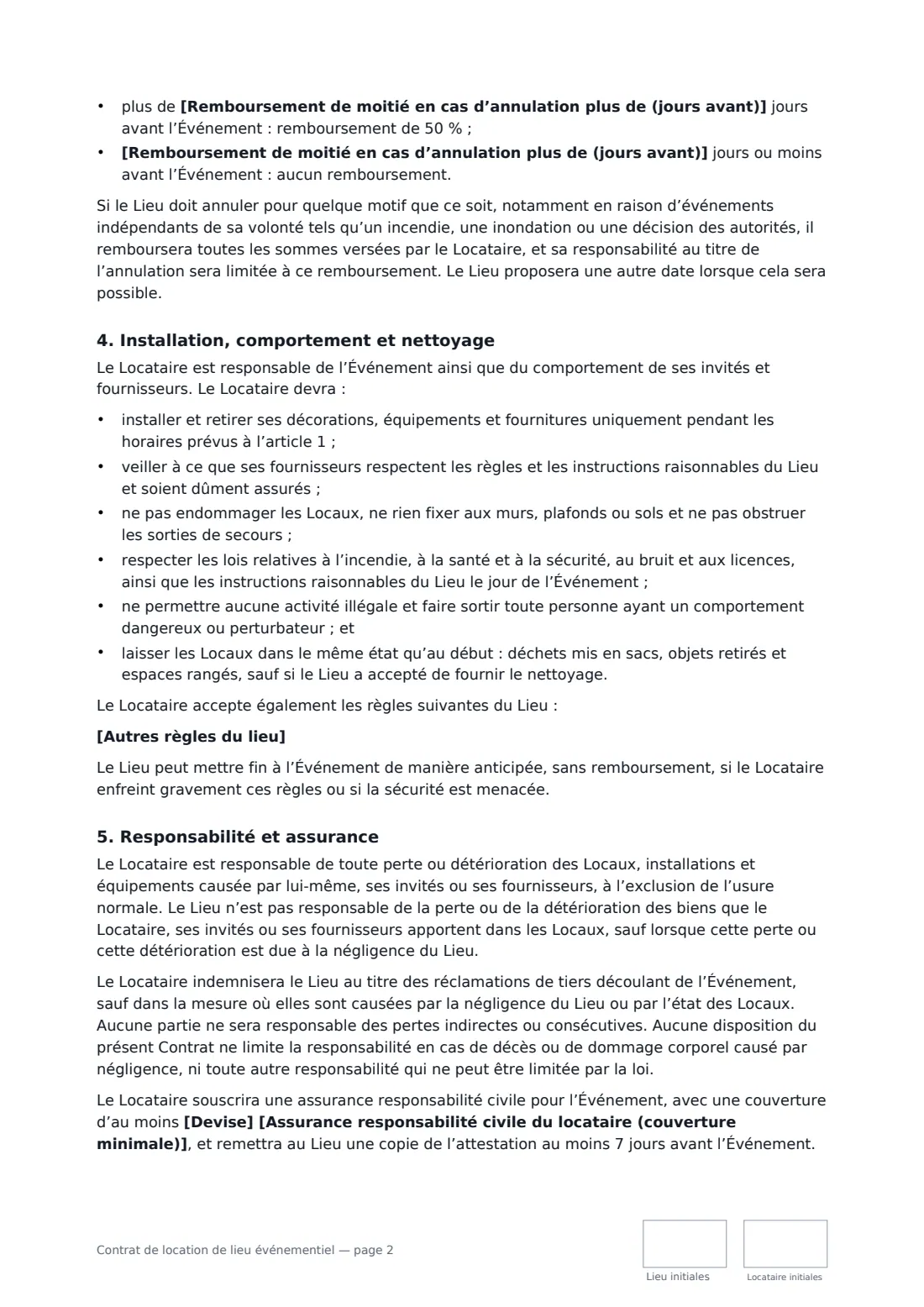 Contrat de location de lieu événementiel — page 2 sur 3