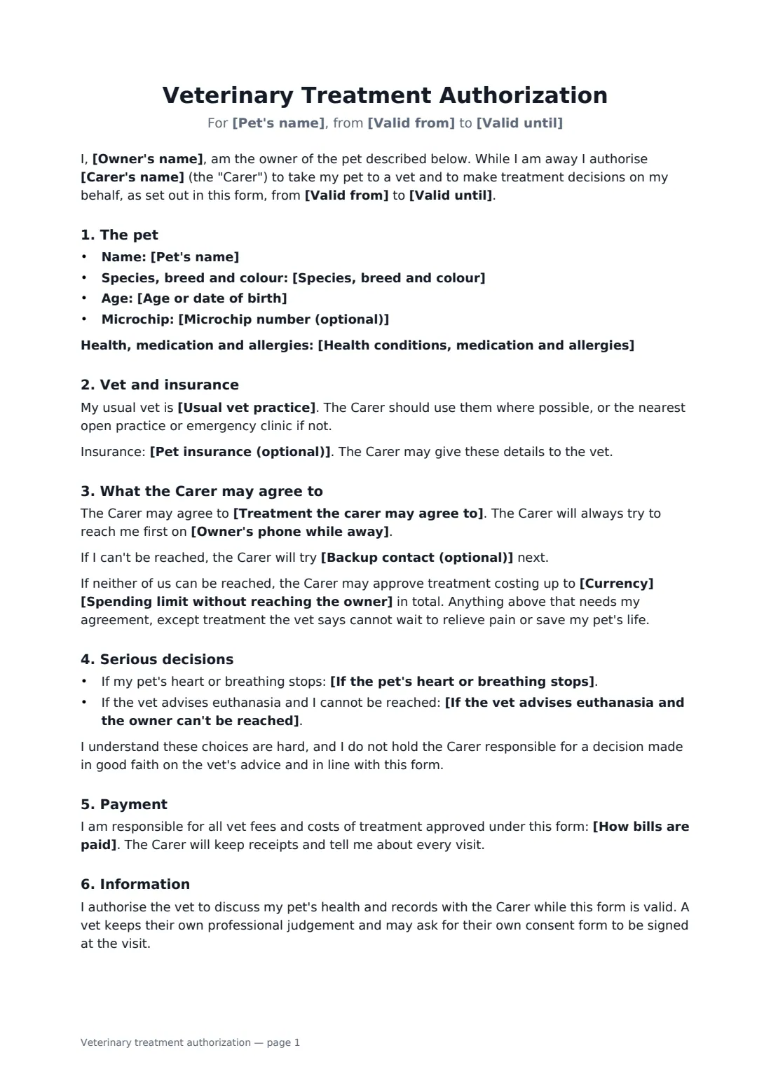 Veterinary treatment authorization — page 1 of 2