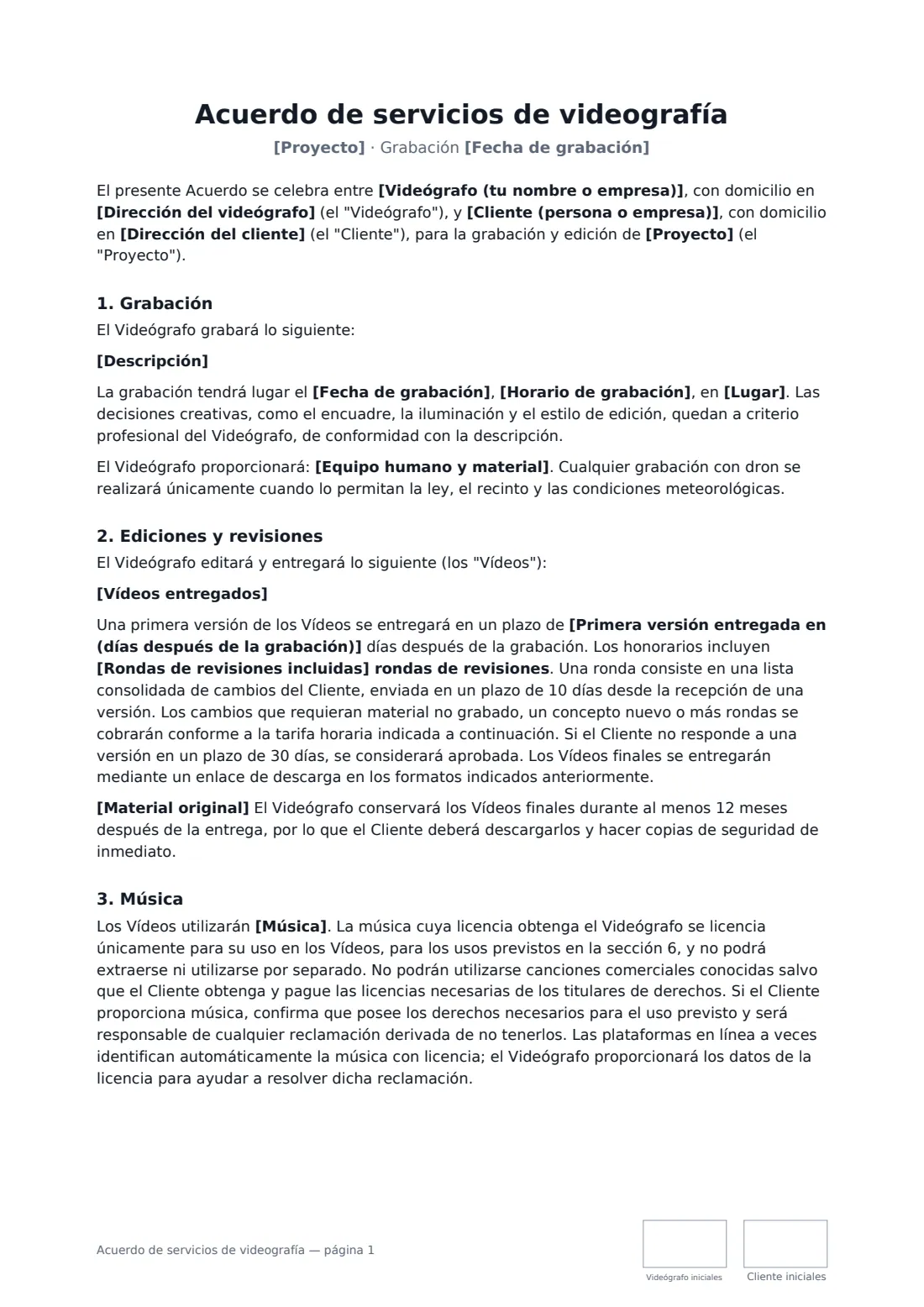 Acuerdo de servicios de videografía: página 1 de 3