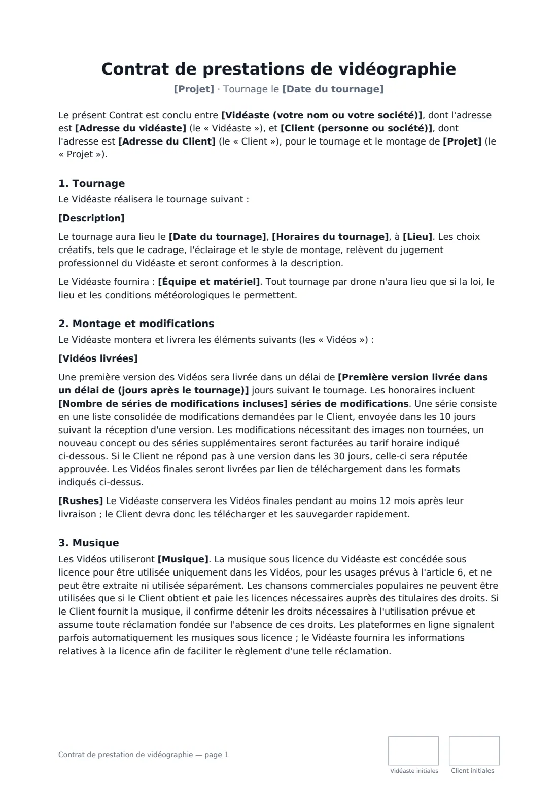 Contrat de prestation de vidéographie — page 1 sur 3