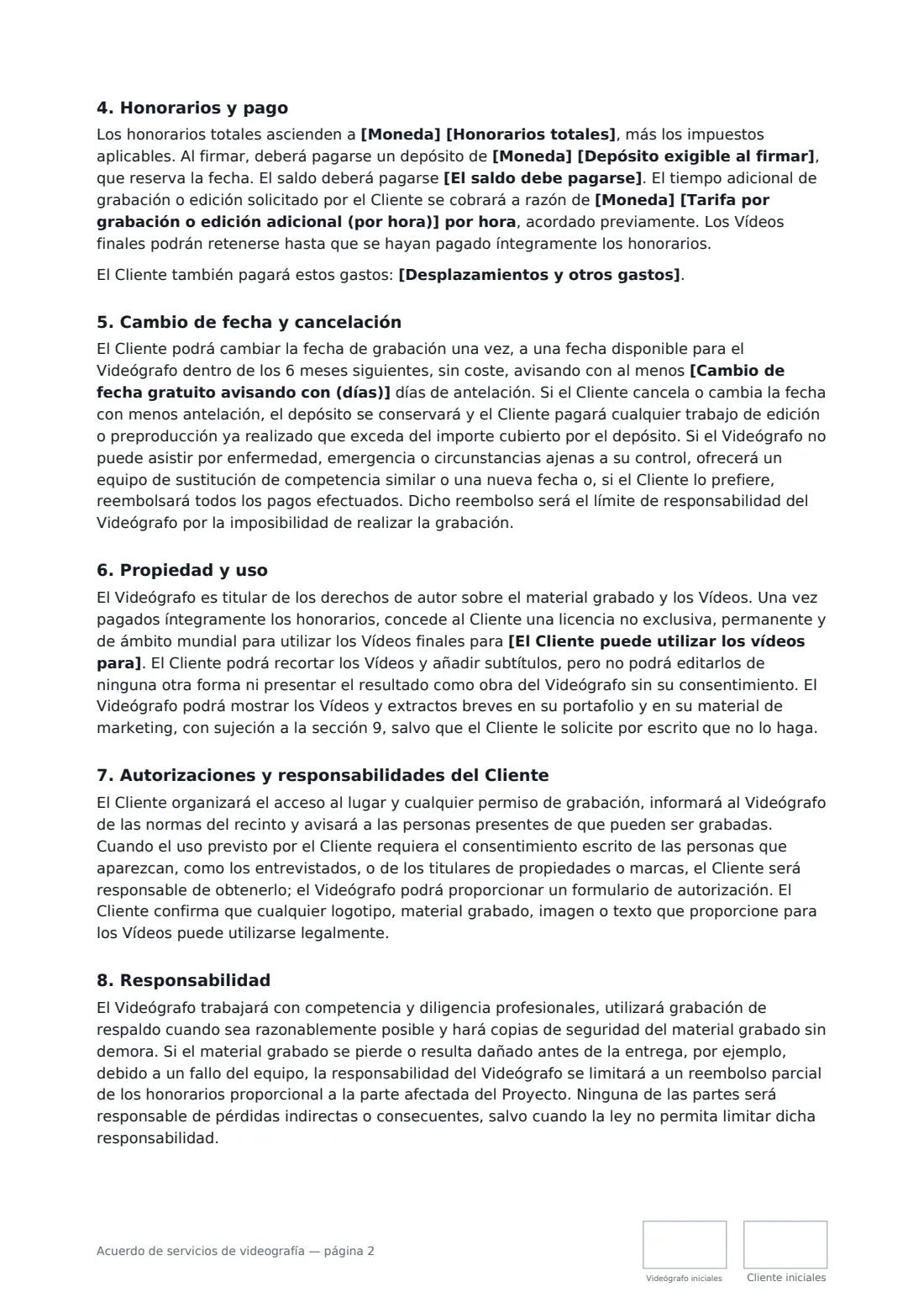 Acuerdo de servicios de videografía: página 2 de 3