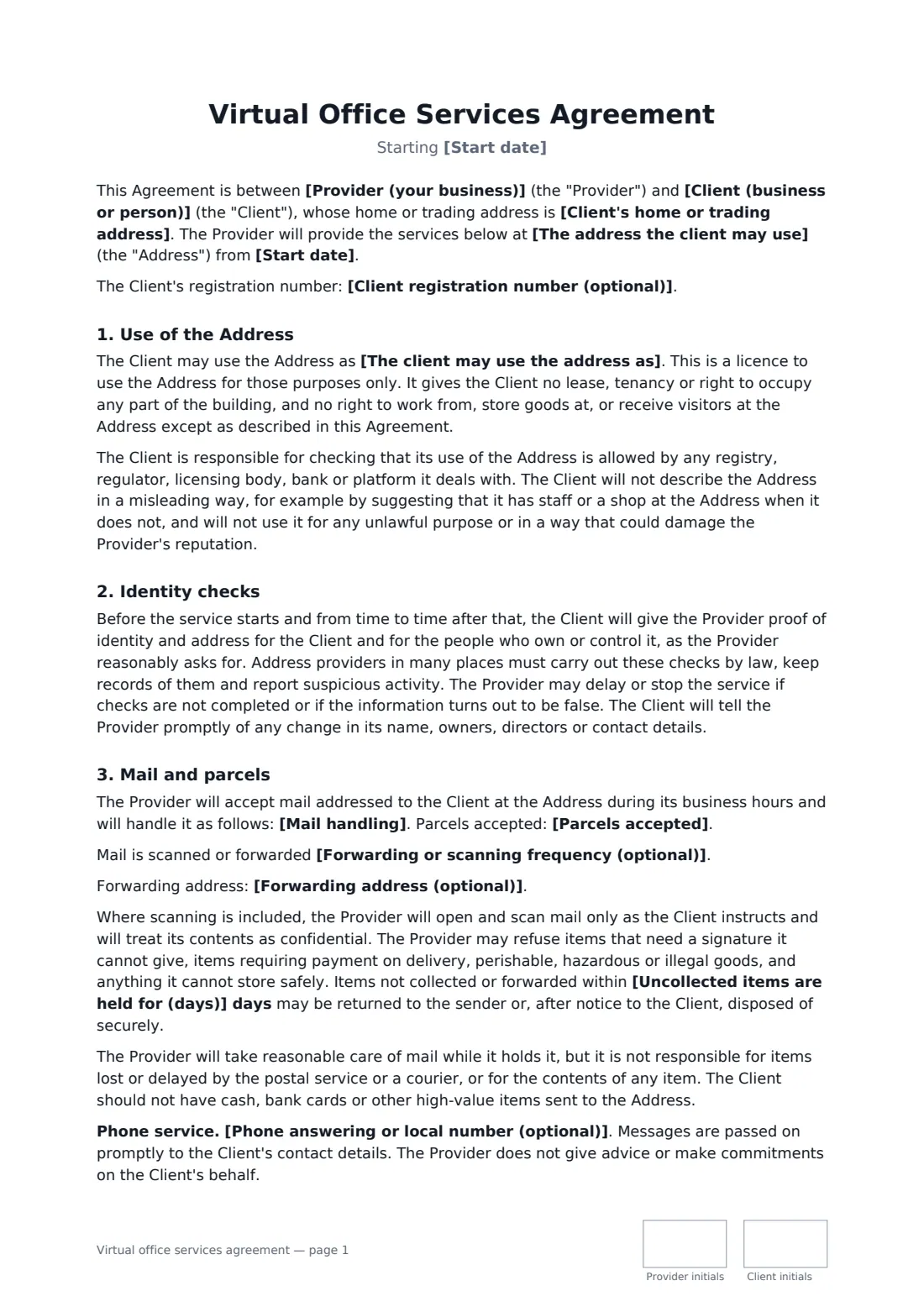Virtual office services agreement — page 1 of 3