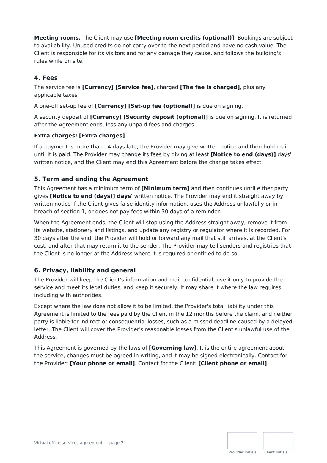 Virtual office services agreement — page 2 of 3