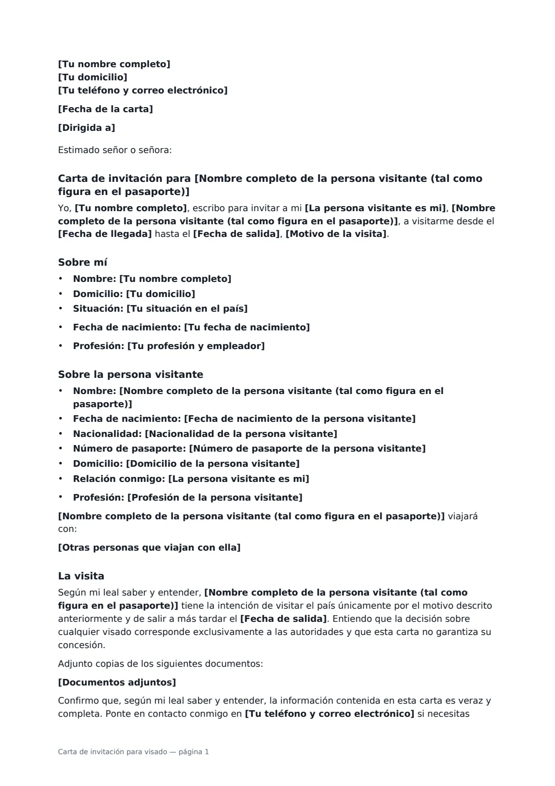 Carta de invitación para visado: página 1 de 2