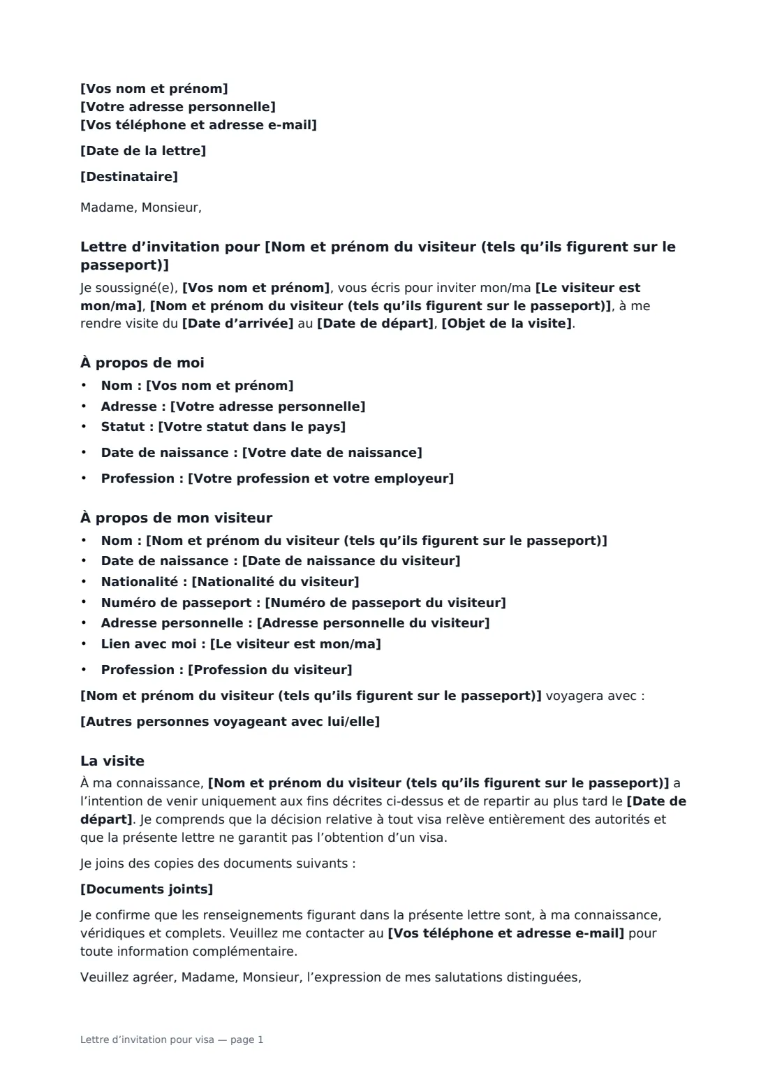 Lettre d’invitation pour visa — page 1 sur 2