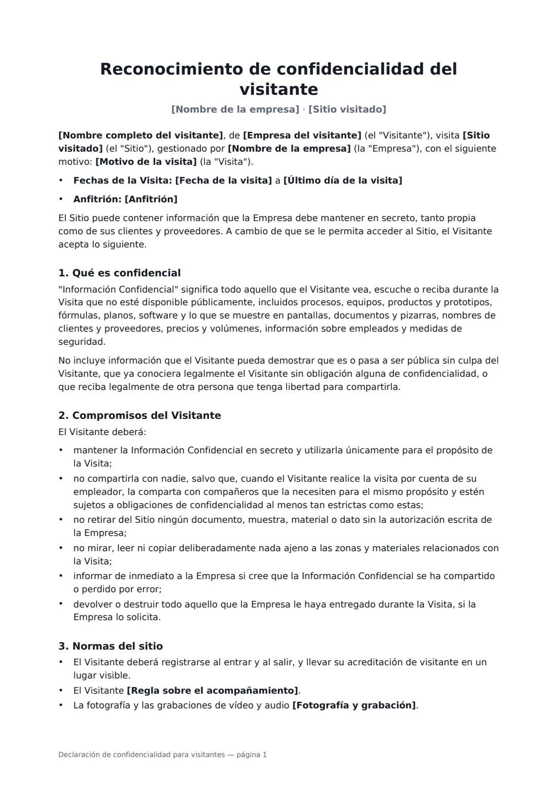 Declaración de confidencialidad para visitantes: página 1 de 3
