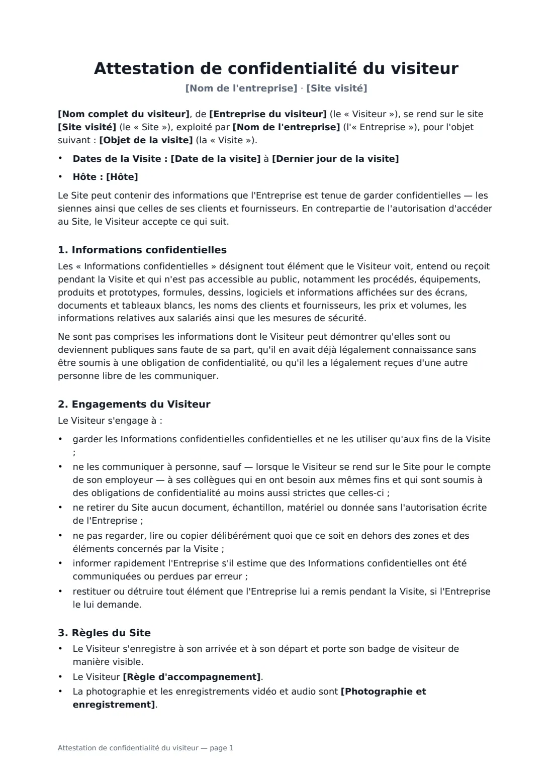 Attestation de confidentialité du visiteur — page 1 sur 3