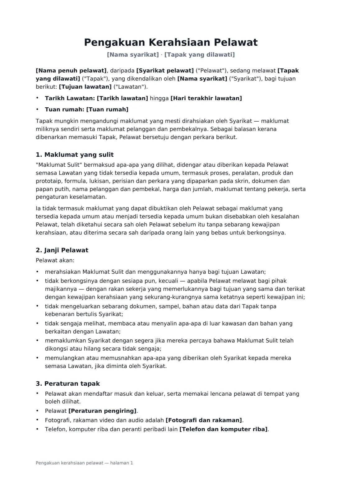 Pengakuan kerahsiaan pelawat — halaman 1 daripada 3