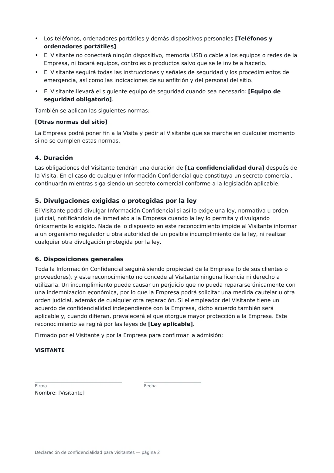 Declaración de confidencialidad para visitantes: página 2 de 3