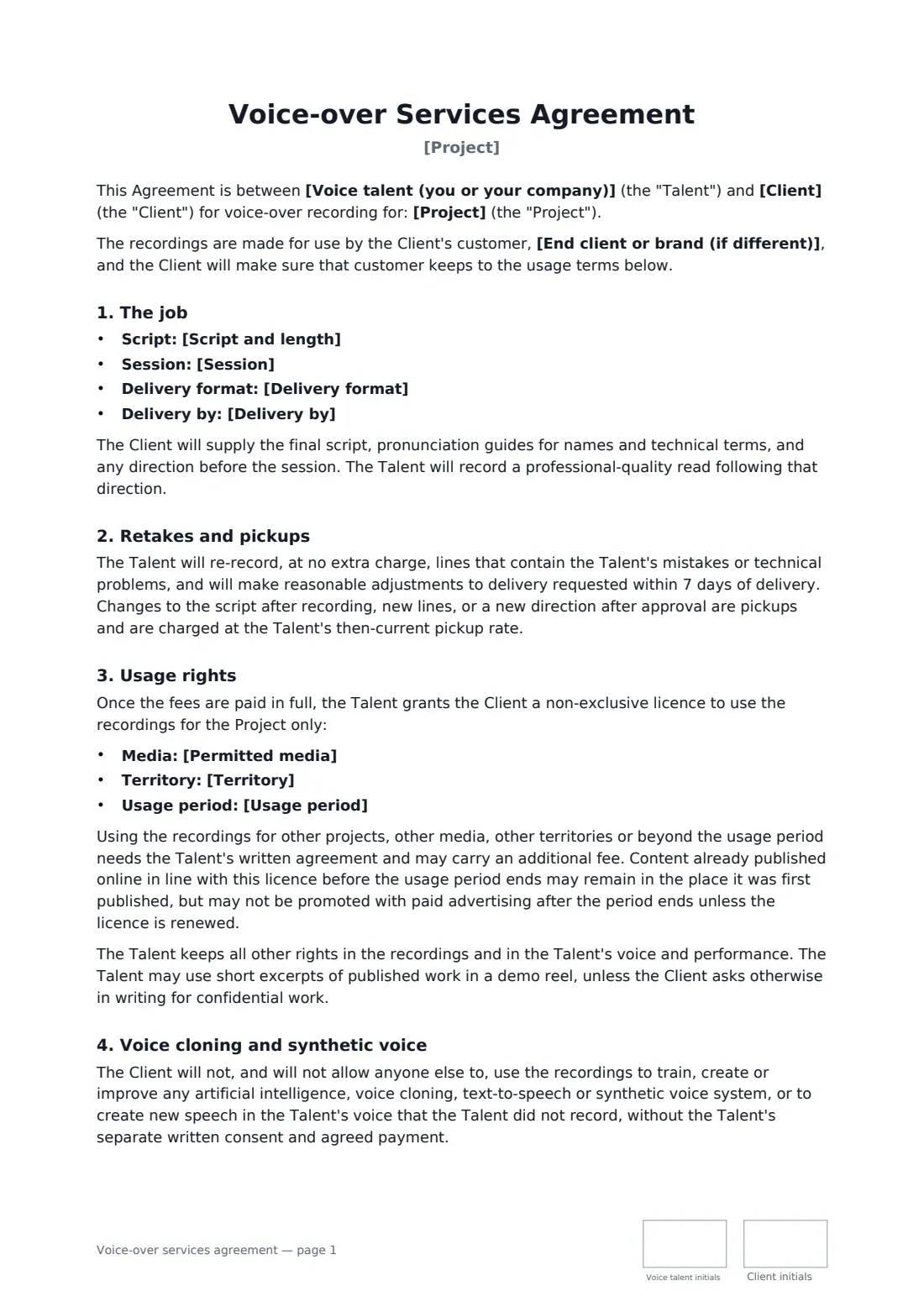Voice-over services agreement — page 1 of 2
