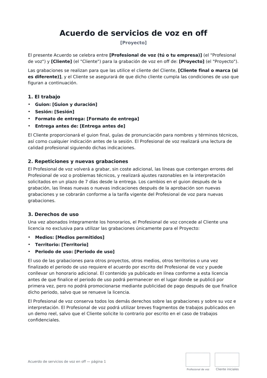 Acuerdo de servicios de voz en off: página 1 de 3