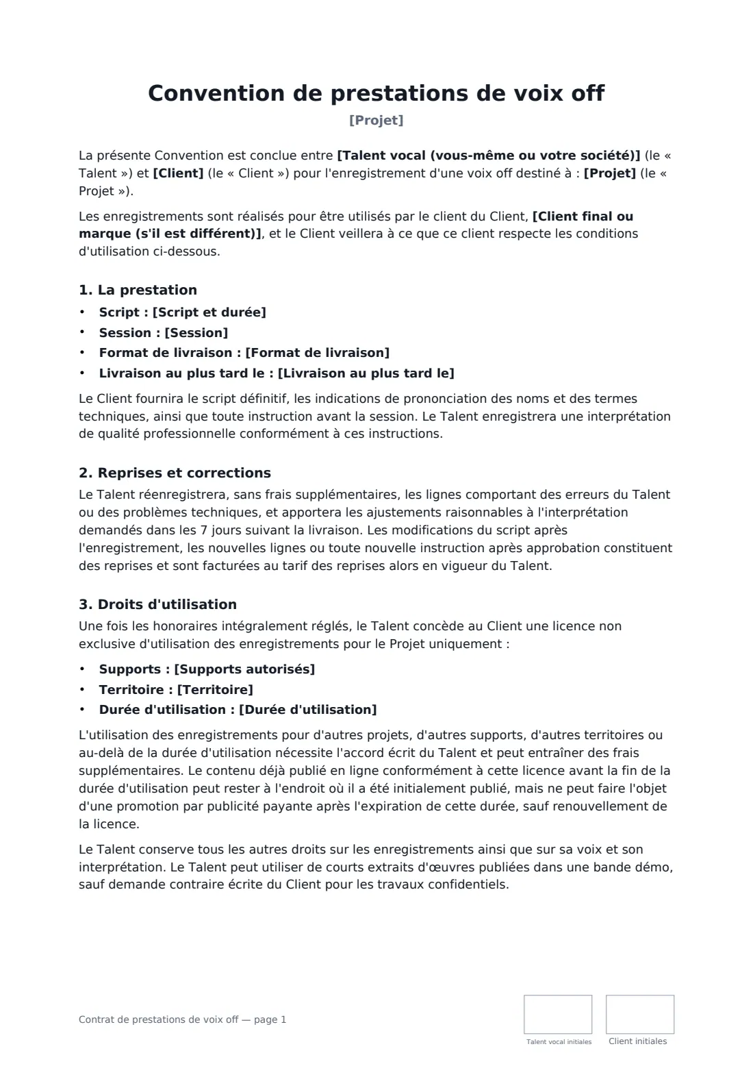Contrat de prestations de voix off — page 1 sur 3