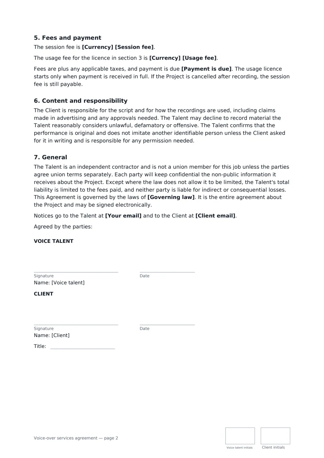 Voice-over services agreement — page 2 of 2