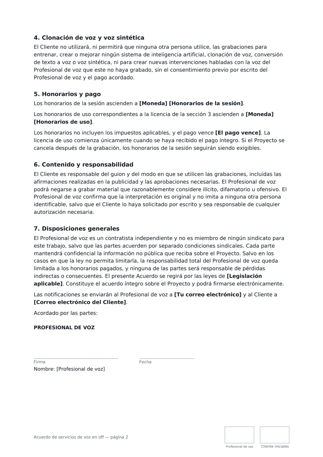 Acuerdo de servicios de voz en off: página 2 de 3