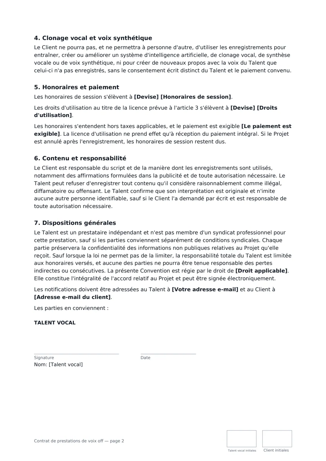 Contrat de prestations de voix off — page 2 sur 3