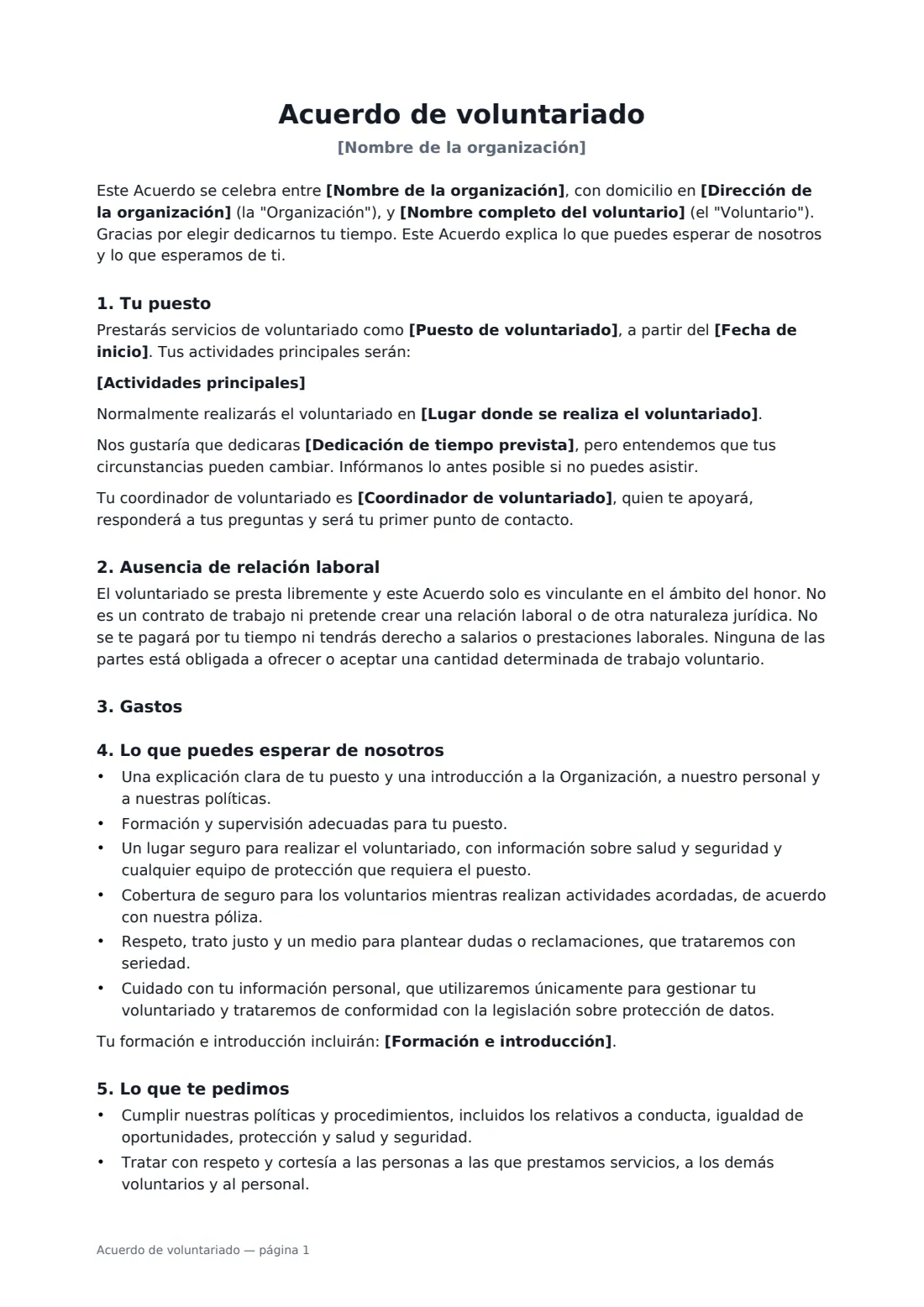 Acuerdo de voluntariado: página 1 de 3