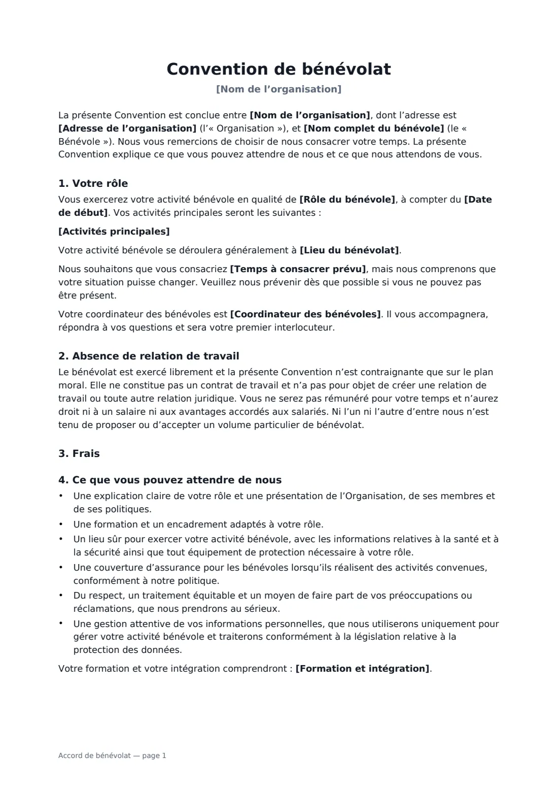 Accord de bénévolat — page 1 sur 3