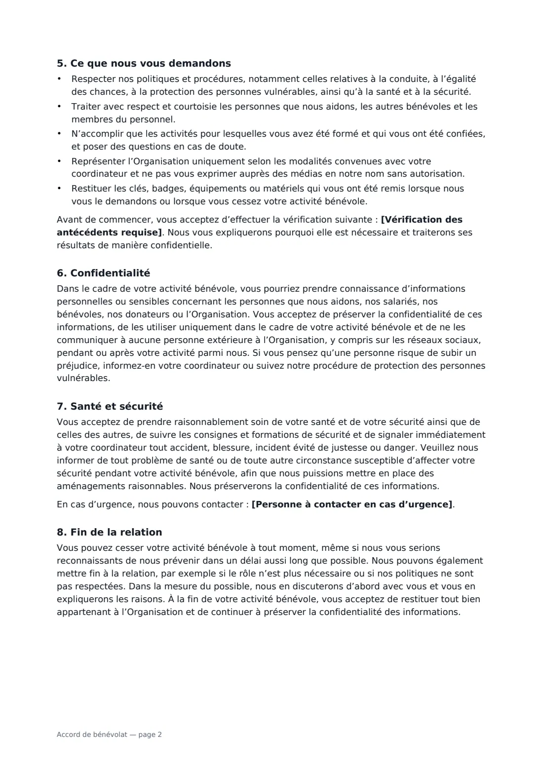 Accord de bénévolat — page 2 sur 3