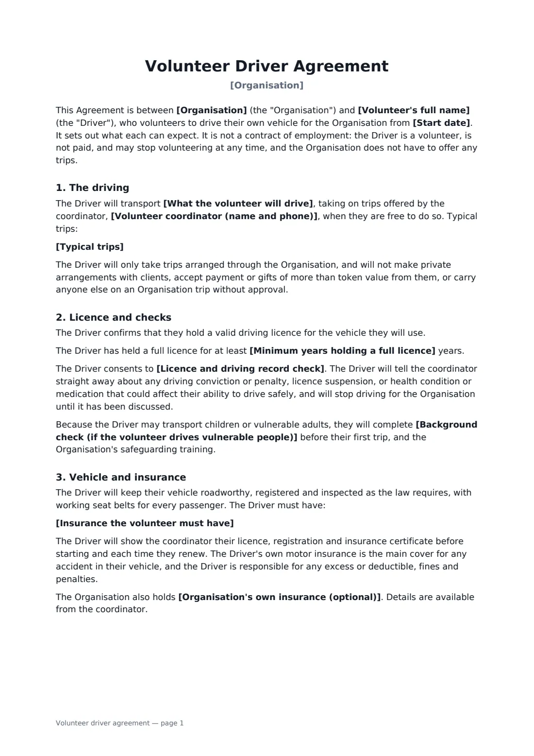 Volunteer driver agreement — page 1 of 3