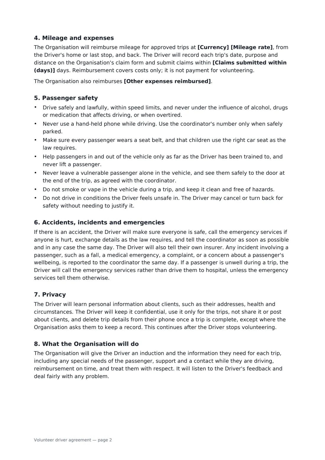 Volunteer driver agreement — page 2 of 3