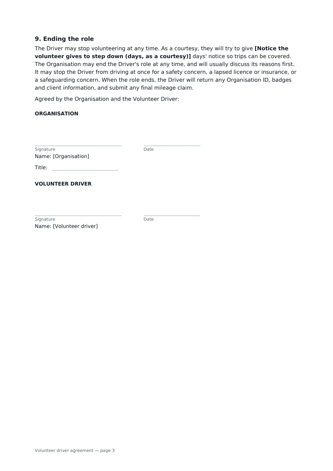 Volunteer driver agreement — page 3 of 3