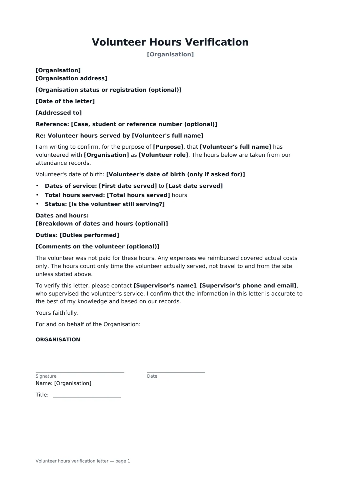 Volunteer hours verification letter — page 1 of 1