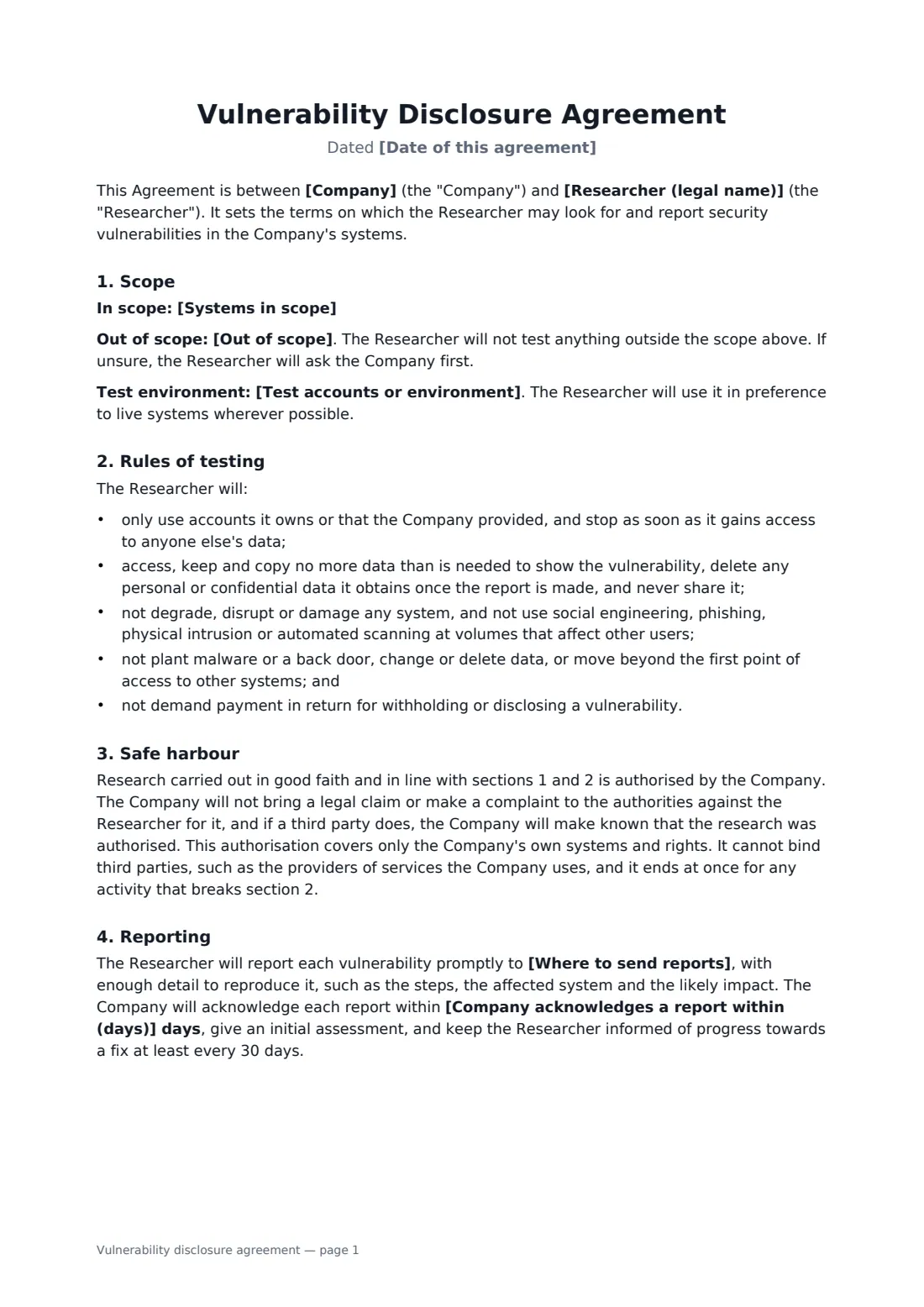 Vulnerability disclosure agreement — page 1 of 2