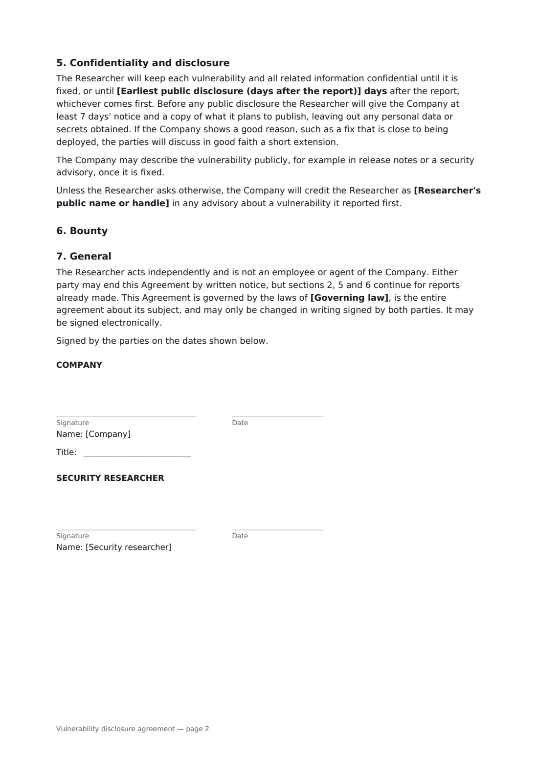 Vulnerability disclosure agreement — page 2 of 2