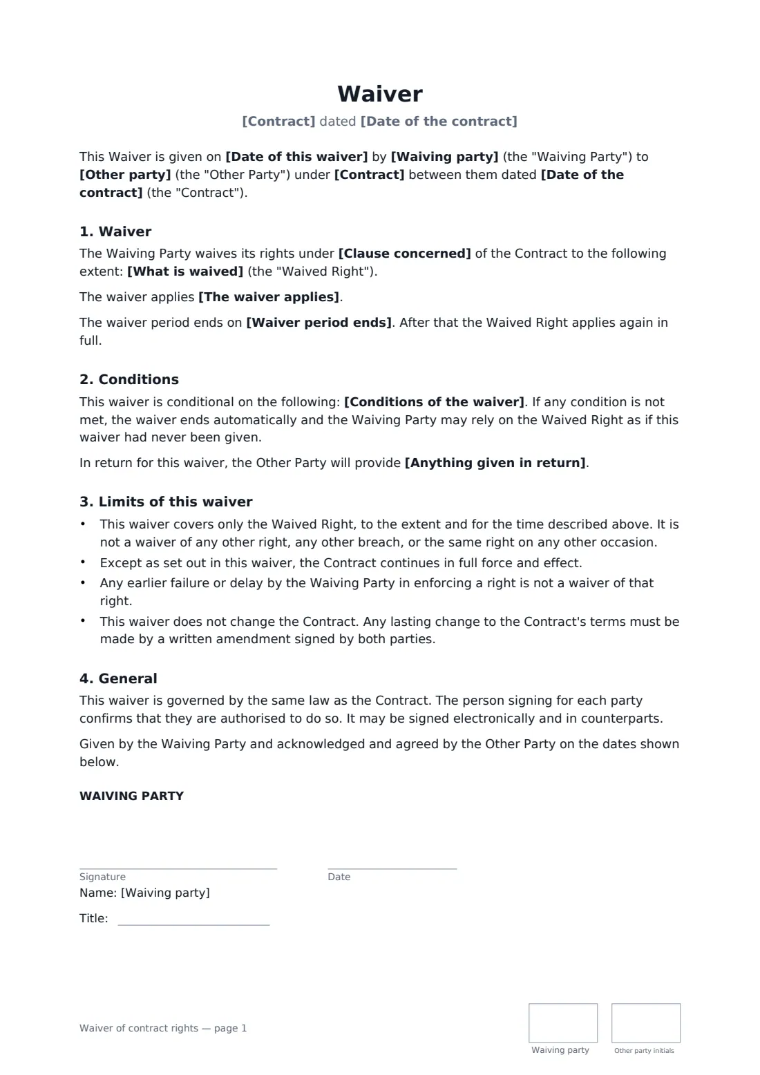 Waiver of contract rights — page 1 of 2