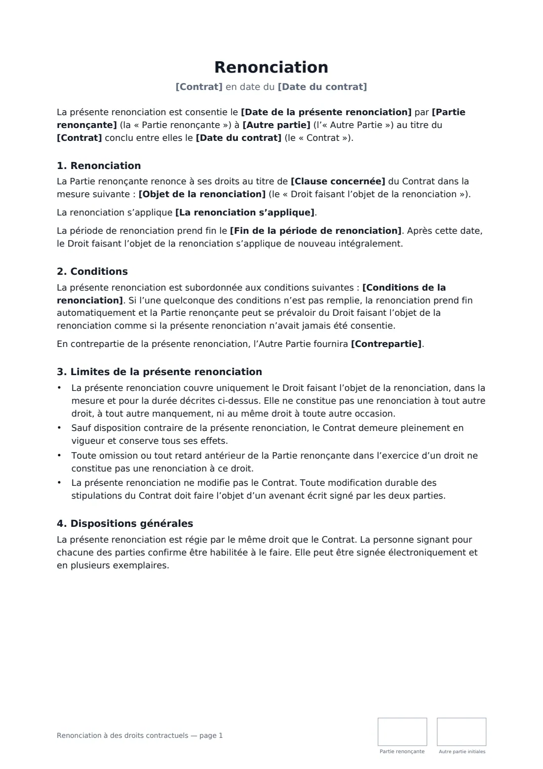Renonciation à des droits contractuels — page 1 sur 2