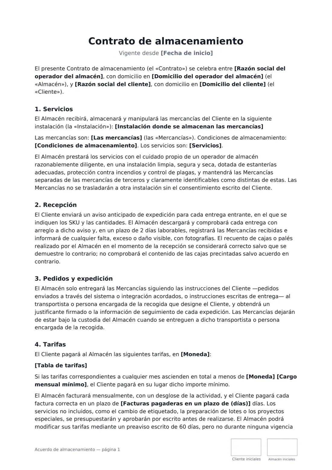 Acuerdo de almacenamiento: página 1 de 3