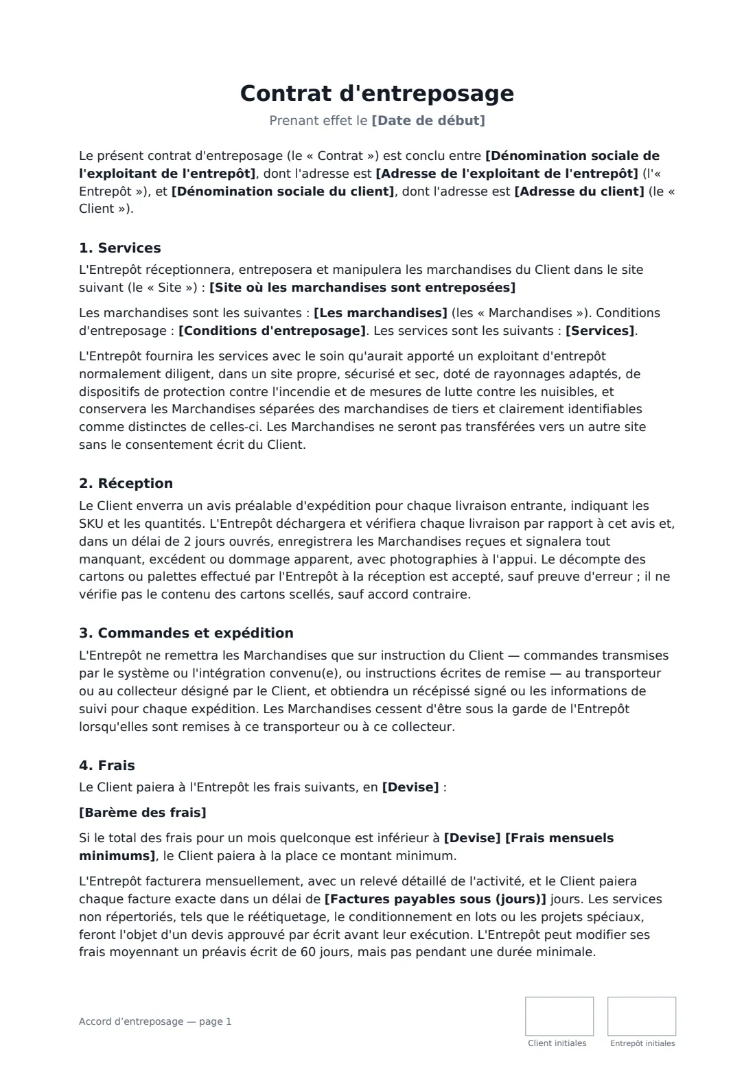 Accord d’entreposage — page 1 sur 3